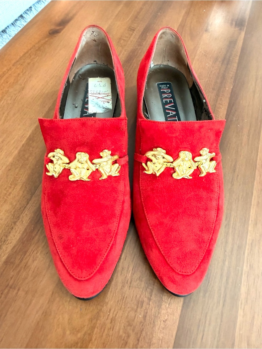 Vintage Prevata Italy Red Suede Loafers Three Wise Monkeys Gold 6.5